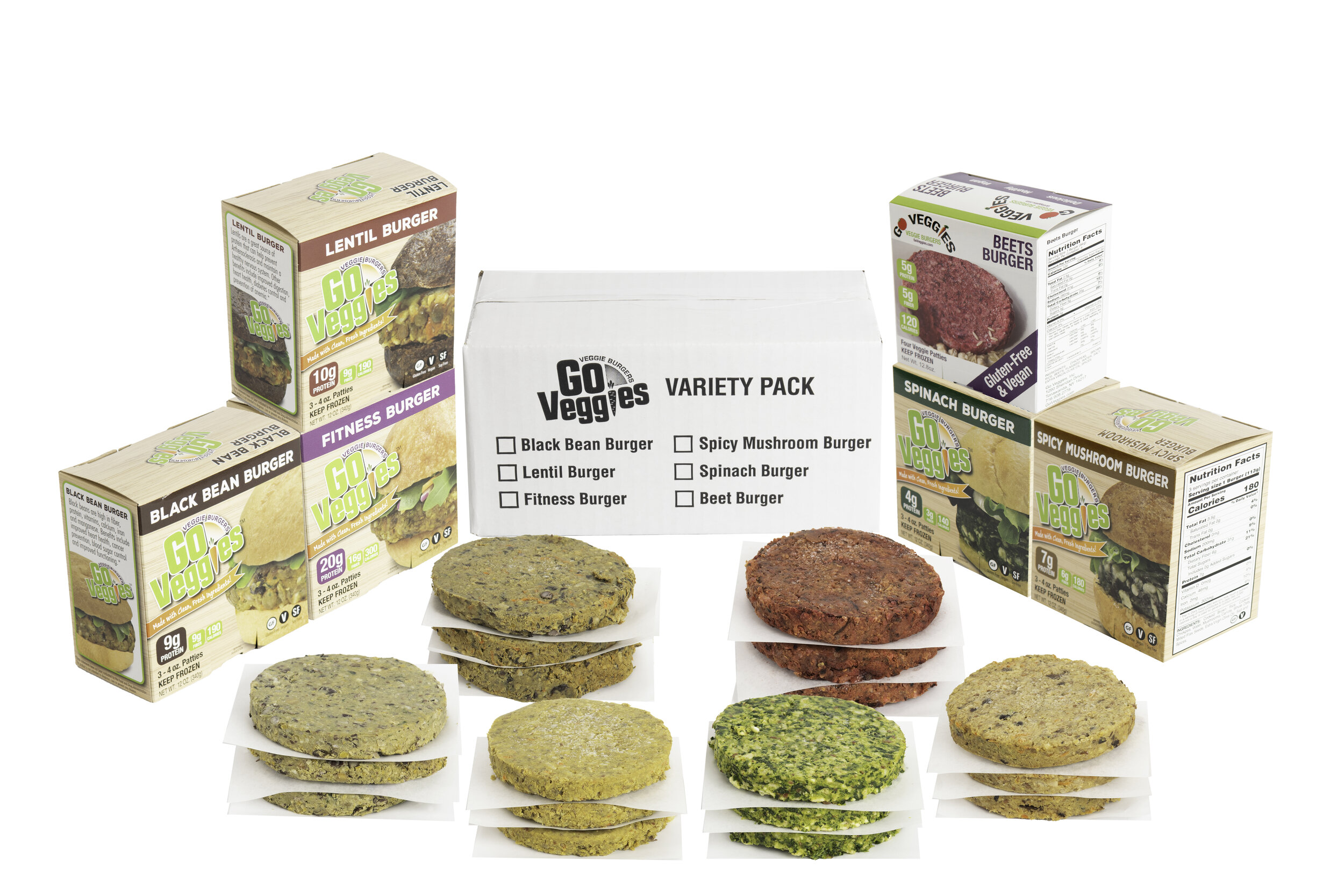 Variety pack of Go Veggies vegetarian burgers featuring Black Bean, Lentil, Fitness, Spicy Mushroom, Spinach, and Beet burgers, with six frozen burger patties displayed in front.
